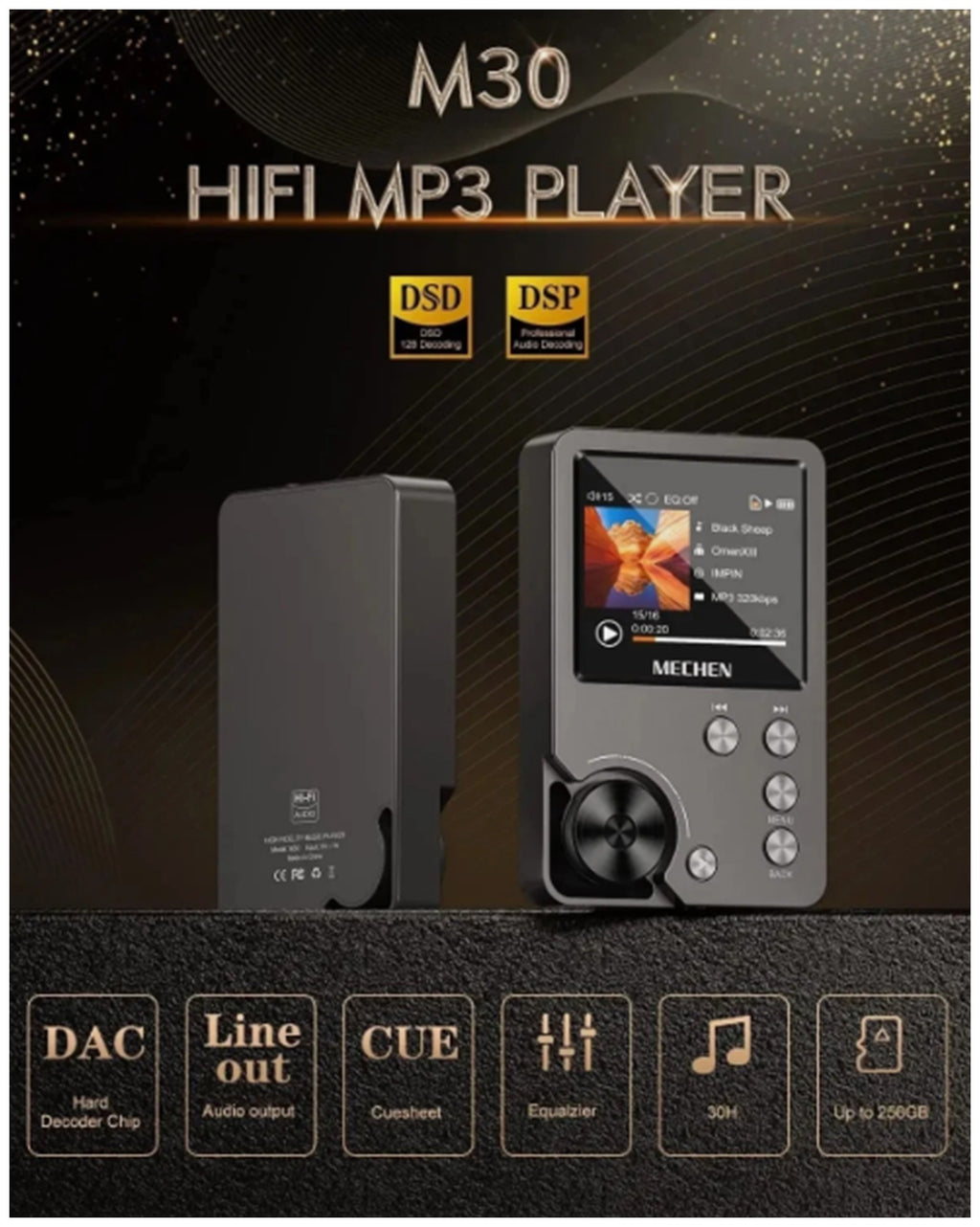 HiFi MECHEN-M30 Lossless MP3 Player with 64GB Card, Up to 256GB Support