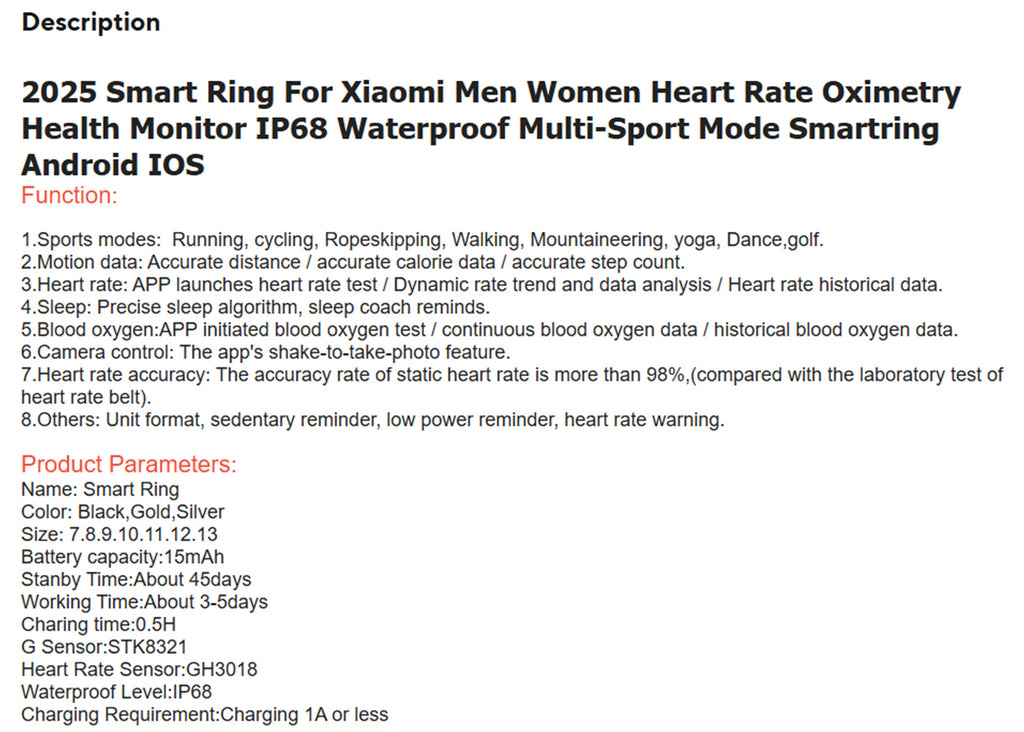 Smart Ring For Xiaomi Men Women Heart Rate Oximetry Health Monitor